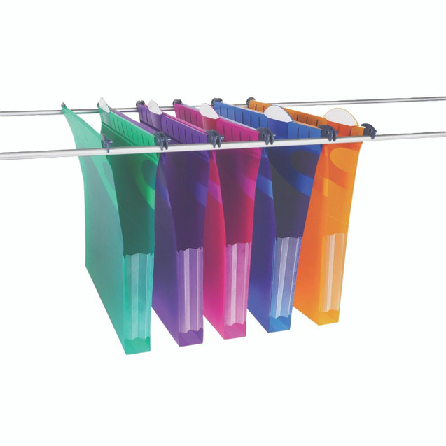 CW Office Rexel Multifile Linkable File PK10, multi-colored file organiser hanging on a line.