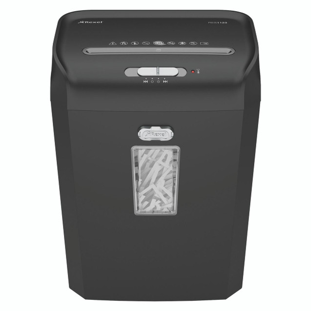 CW Office Promax Qs 12/23 Strip-Cut Shredder, black office paper shredder with a transparent window and control buttons on top.