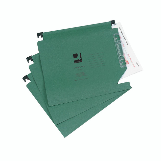 CW Office Q-Connect Lateral File 275MM PK25, green lateral filing folders with black clips and a label holder.