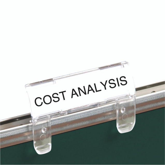 CW Office Elba Suspension File Tabs Rigid P50, clear plastic file tab with 'COST ANALYSIS' label attached to a filing system.