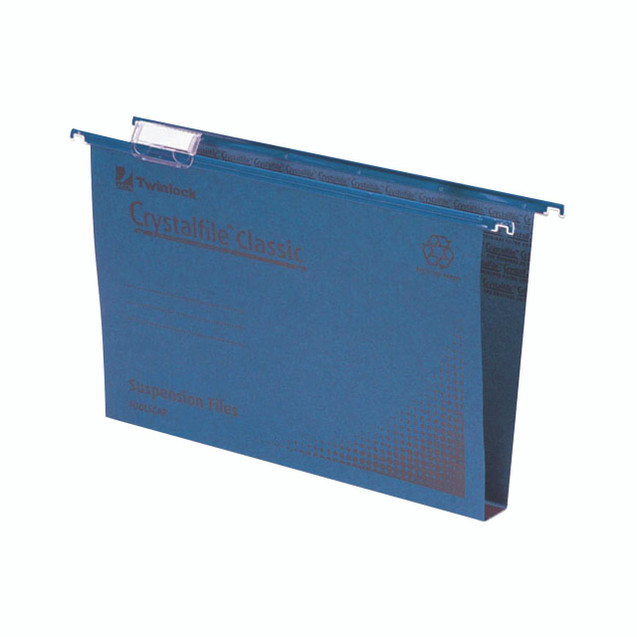 CW Office Rexel Crystalfile Susn File BLU PK50, blue suspension filing folder with a transparent top clip for organizing documents.