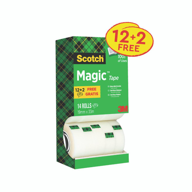 CW Office Scotch Magic Tape 19MM X12 X2FOC P14, pack of 14 rolls of Scotch Magic Tape with 12+2 free bonus, ideal for office and school use, featuring easy dispensation, 19mm width, and 33m length per roll.