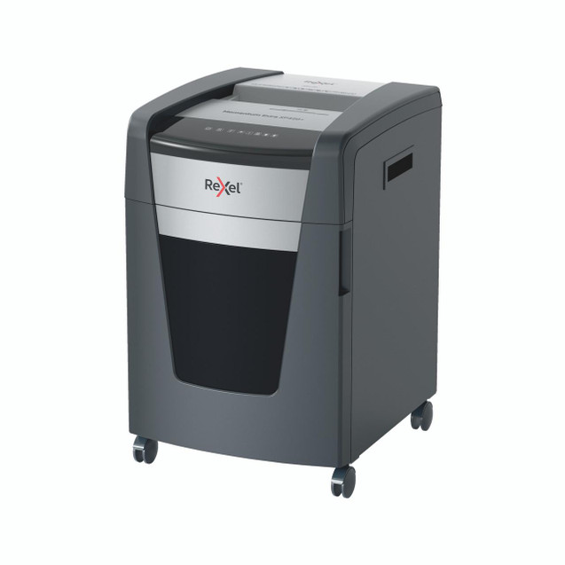 Product CW Office Rexel Momentum Extra XP420 Cc Shrd, a professional document shredder with a sleek gray design on four wheels for mobile use.