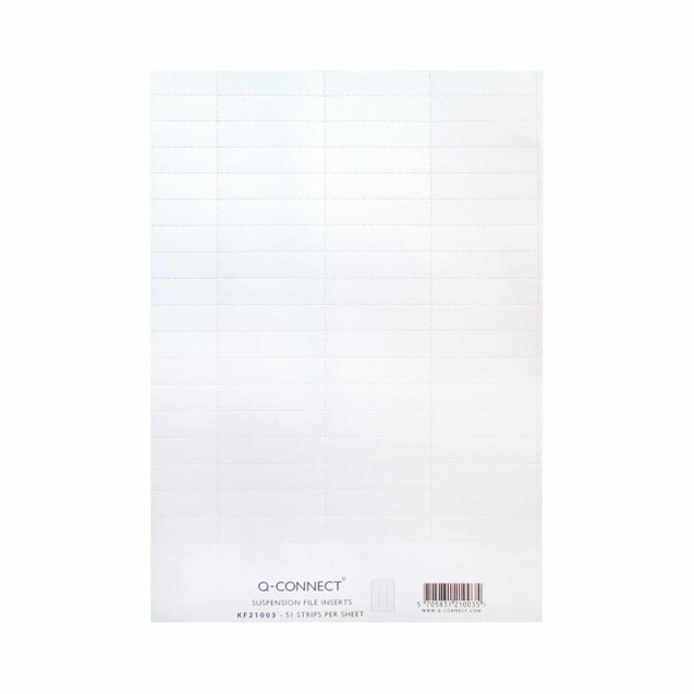 CW Office Q-Connect Sus File Tab Insert White P51, a sheet of white suspension file tab inserts with grid lines for organization.
