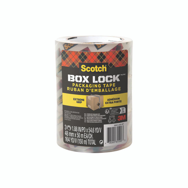 CW Office Scotch Box Lock Packing 3IN P3, packaging tape roll with black, red, and yellow label.