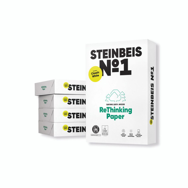 Product CW Office Steinbeis NO.1 Classic White A3 80G ReThinking Paper, pack of four reams, with a larger box of the same product shown in the background.