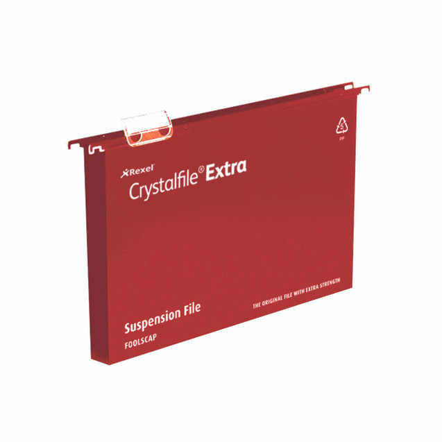 CW Office Rexel Crystalfile Suspense File Red PK25, rectangular red suspension file with white text and recycling symbol on the top right corner.
