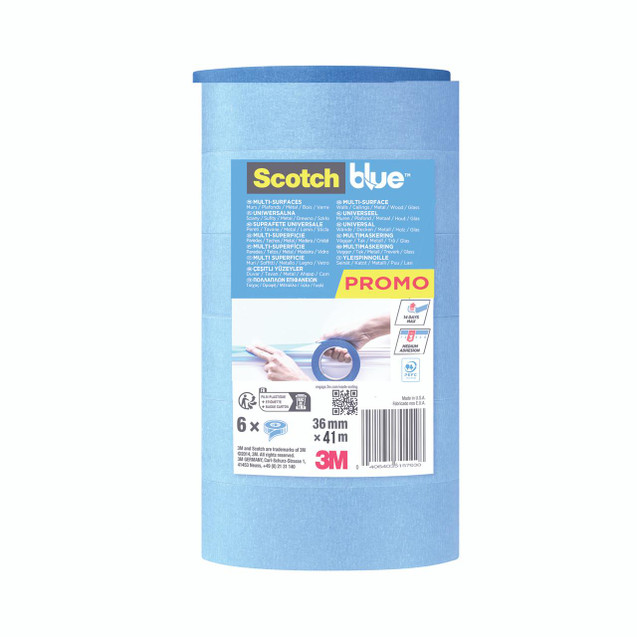 CW Office Multi-Surf Masking Tape 36MMX41M P6, image of light blue masking tape roll with product label.