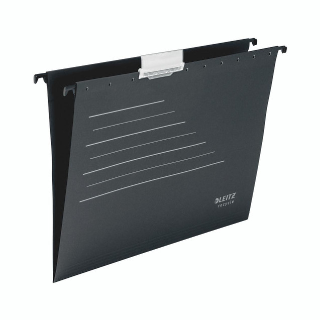 Product CW Office Leitz Alpha Rcy Sus File V A4 BLK 10, black A4 size file folder with white lines for labeling, designed for organizing documents efficiently.
