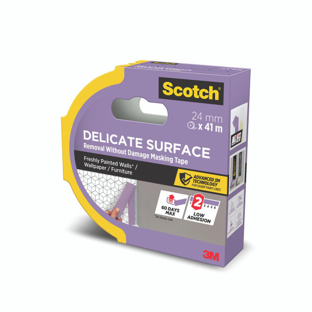 CW Office Delicate Surf Masking Tape 24MMX41M, purple and yellow packaging of masking tape designed for painting walls, wallpaper, and furniture with features like easy removal and low adhesion.