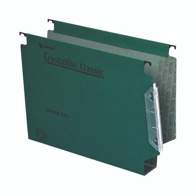 CW Office Rexel Crystalfile Lat File GRN PK25, green lateral file with metal support and transparent safety latch.