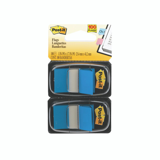 CW Office Postit Index Flag Dispenser Blue PK2, image of two blue post-it flag dispensers in packaging for organizing and marking documents.
