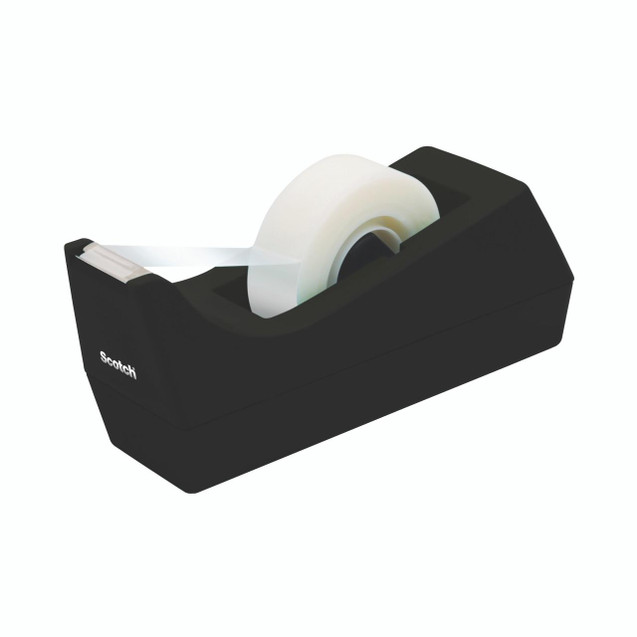 CW Office 3M Scotch Tape Dispenser Black C38, modern black tape dispenser with a roll of transparent adhesive tape ready for use.