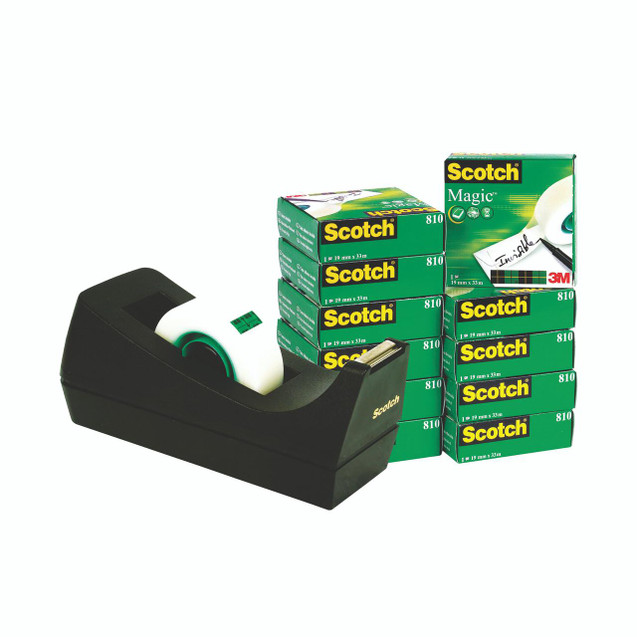 CW Office Scotch Invisible Tape 19MMX33M PK12, set of twelve green and white tape boxes with a black tape dispenser holding a roll of transparent Scotch invisible tape.