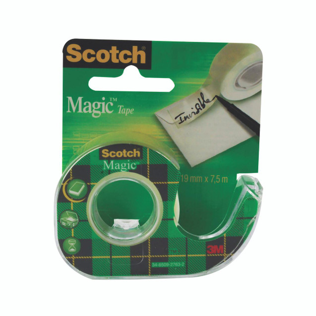 CW Office Scotch 810 Magic Tape 19MMX7.5M PK12, adhesive transparent tape in a compact dispenser with product packaging displaying usage instructions and features.