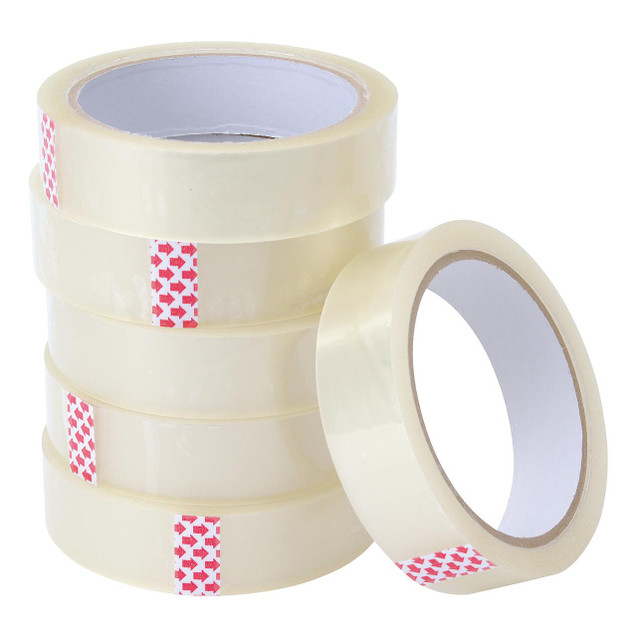 CW Office Tape PP Clear 24MMX66M PK6, transparent adhesive tape rolls with red arrows pattern for sealing and office use.