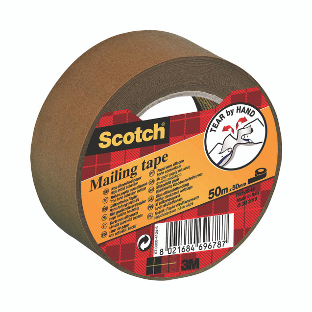 Product CW Office Scotch Paper Mling Tape 50MMX50M Brn, brown masking tape roll with label showing size 50mm x 50m and brand 3M.