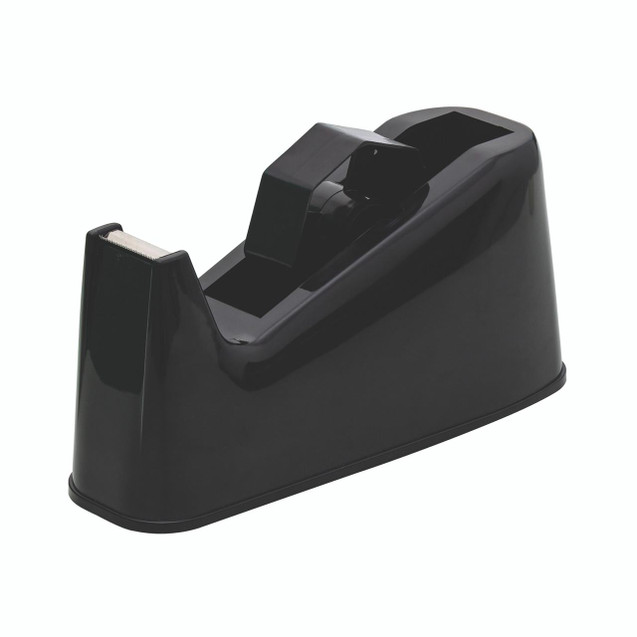 Product CW Office Q-Connect Tape Disp 25MMX33/66M Tape, black tape dispenser with a tape roll loaded for sealing or packaging.
