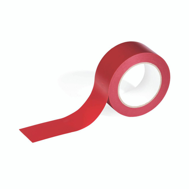 CW Office Durable Marking Tape 50MMX33M Red, Red adhesive tape roll for office and industrial use with a section unrolled, on a white background.