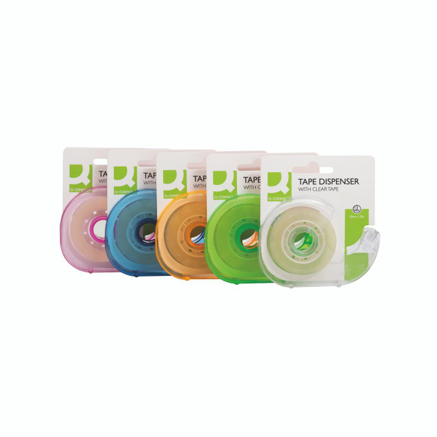 CW Office Q-Connect Handheld Tape Dispenser 19mm P10, multicolored tape dispenser with clear, orange, blue, pink, and green tapes.