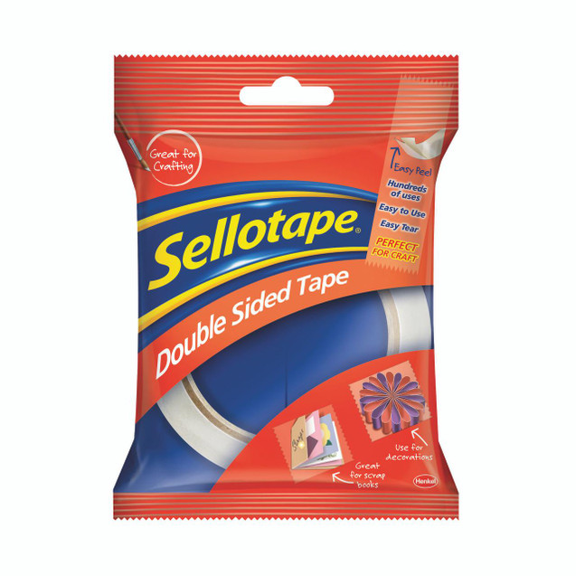 CW Office Sellotape Doublesided Tape PK6, packaging showing the double-sided tape roll with colorful branding and features.
