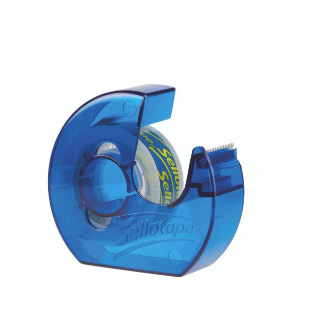 CW Office Sellotape Sclr Tape DISP+18MMX15M P6, transparent blue adhesive tape dispenser with 15-meter clear tape roll.