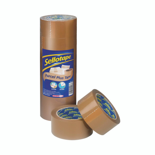 CW Office Sellotape Packaging Tape 50MMX66M Brown, roll of brown parcel tape for package sealing, with product label on the roll.