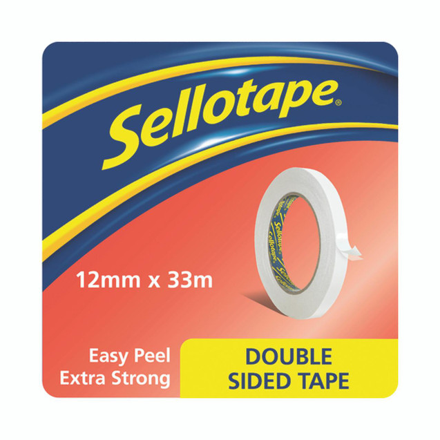 Sellotape Double Sided Tape, 12mm x 33m, pack of 8, with easy peel and extra strong adhesive for office and craft use.