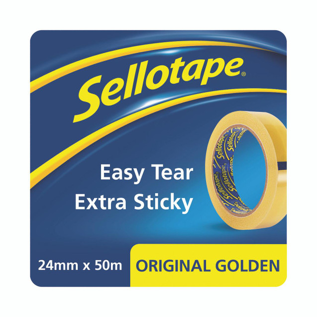 CW Office Sellotape Original Tape 24MMX50M, yellow packing tape roll on blue background with product name and specifications.