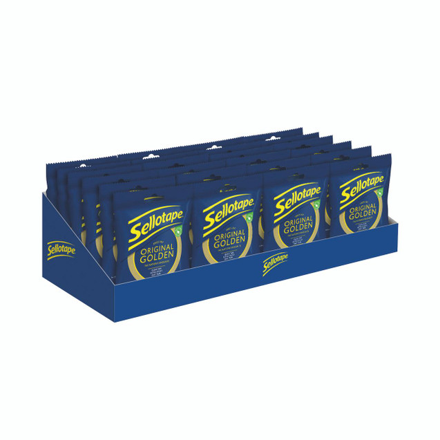 CW Office Sellotape Orig Tape 24MMX50M Cdu P24, display box with multiple blue and yellow Sellotape rolls.