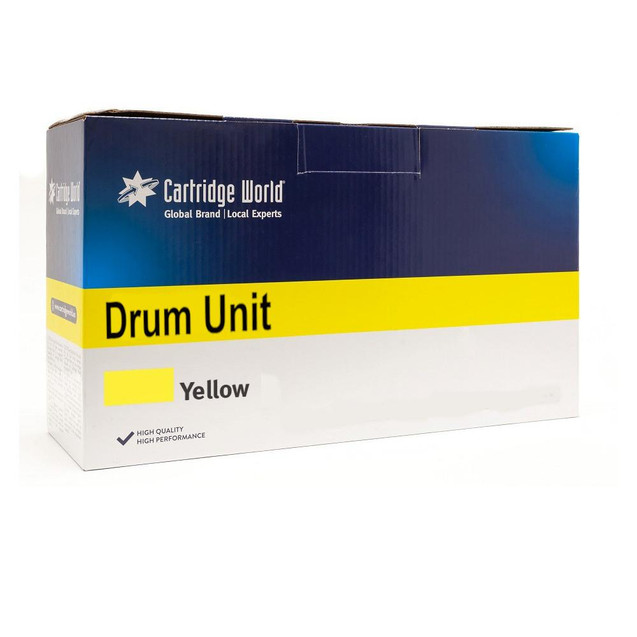 Cartridge World Compatible Brother DR-243Y (DR243Y) Drum Unit, yellow toner cartridge in box with branding and product details.