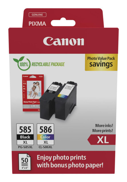 Canon PG-585XL / CL-586XL High Capacity Multipack & Photo Paper Value Pack (6204C005), red and white packaging with ink cartridges and photo paper, recyclable package, includes details about ink types, and bonus photo paper.