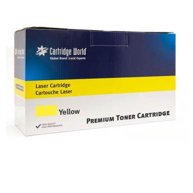 Cartridge World Compatible Xerox C320 / C325 Yellow Toner Cartridge 1.8K - 006R04830, rectangular box with blue, white, and yellow packaging featuring product and brand information.