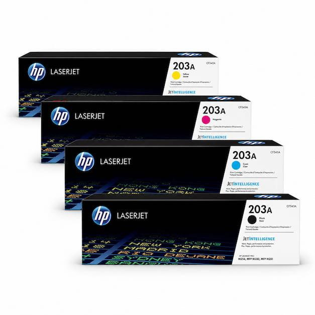HP 203A 4 Cartridge Multipack, set of four toner cartridges in yellow, magenta, cyan, and black for HP LaserJet printers.