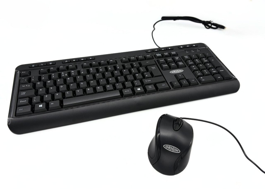 Various Origin USB Keyboard and Mouse combo, black wired keyboard and ergonomic mouse on a white background.