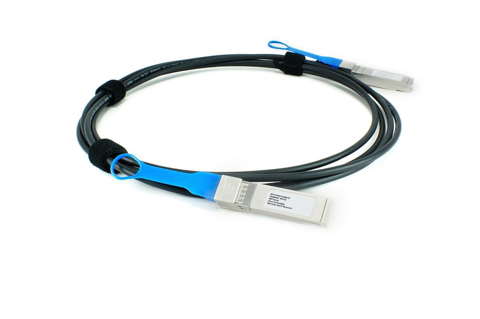 Various Cisco Compatible Direct Attach Copper Twinax Cable 40G QSFP+ (3m Passive), a black high-speed Ethernet cable with QSFP+ connectors featuring blue protective covers for network connectivity.