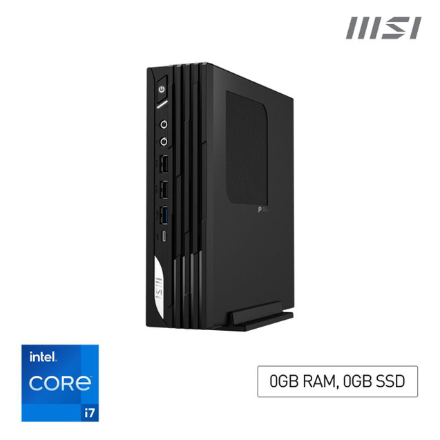 Various MSI PRO DP21 14M Intel Core i7 14700 Barebone, DP21 14M SFF Mini Computer, HTPC with Intel Graphics, DDR5, Dual HDMI, Dual LAN, WiFi 6E, BT 5.3, no RAM, no Storage, no OS, front view showing ports and design.