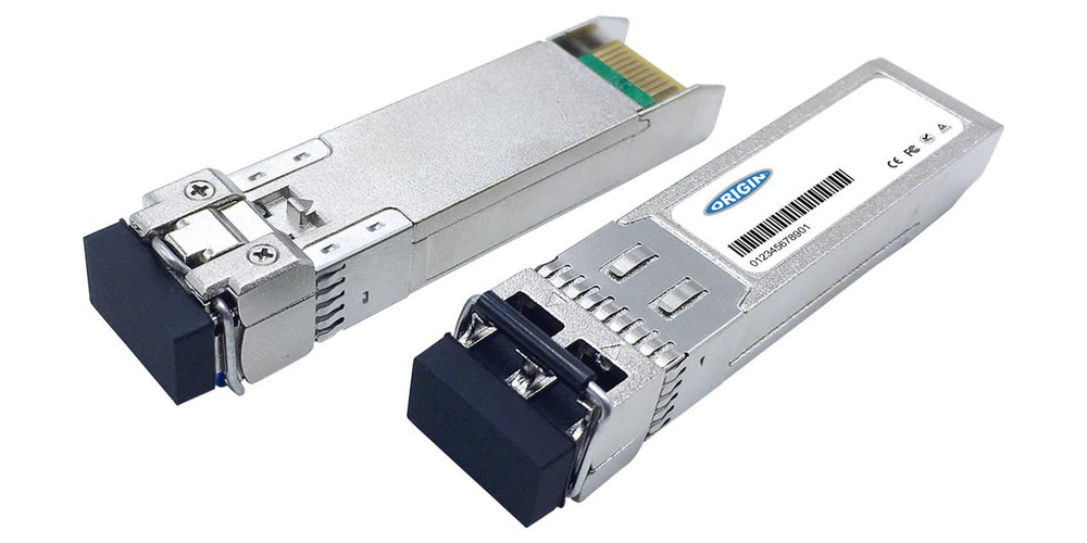 Various SFP-10G-LR Cisco Compatible Transceiver SFP+ 10GBase-LR (1310nm SMF 10km DOM), two fiber optic transceivers with metal casings and black connectors for network switches.