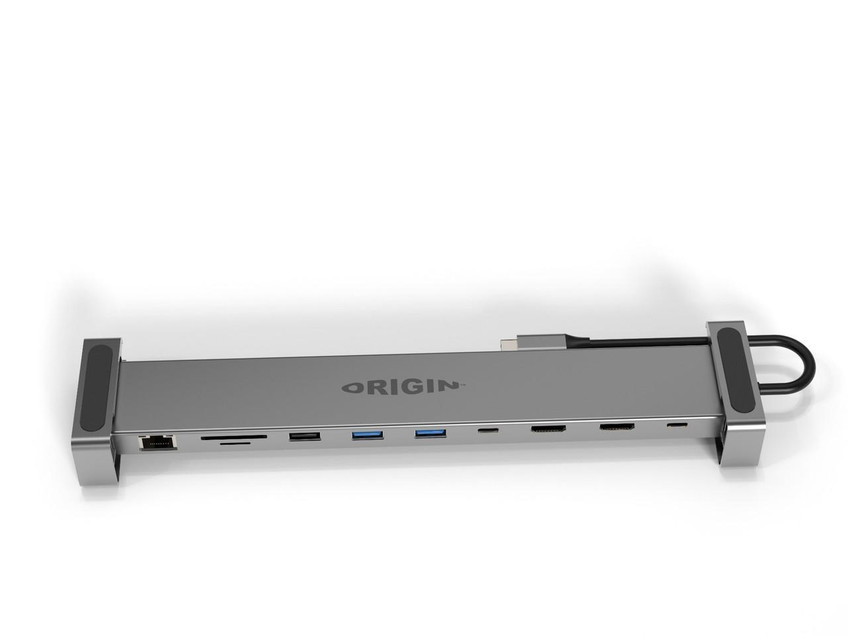Various Travel Dock USB-C 4K 10in1 with Dual HDMI and 100w UK AC Adapter, sleek gray multiport hub with multiple USB and HDMI ports.