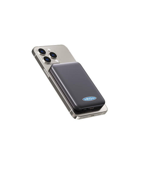 Various Origin 10000mAh Ultra-Thin Mini Wireless Power Bank, black portable power bank charging a smartphone.