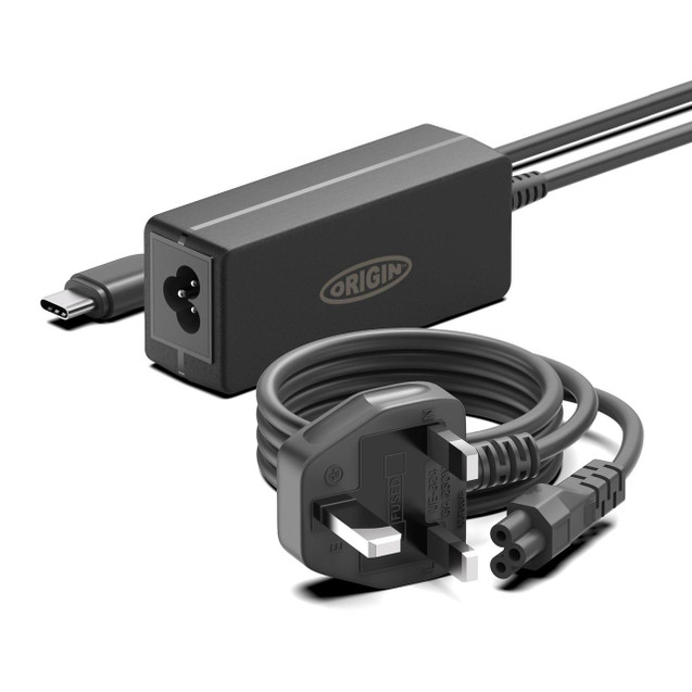 Various Origin 65W USB-C Adapter with UK Cable, image showing a black USB-C power adapter, power cord, and UK plug for charging electronic devices.