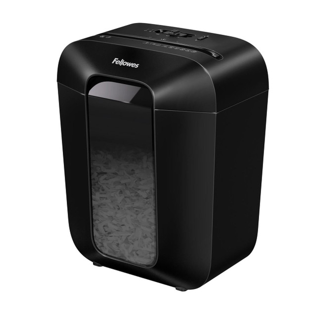 Various Fellowes Paper Shredder LX50 9 Sheet Cross Cut Shredder with 17 Litre Bin High Security P4 Black, black office shredder with transparent window, designed for secure document disposal.