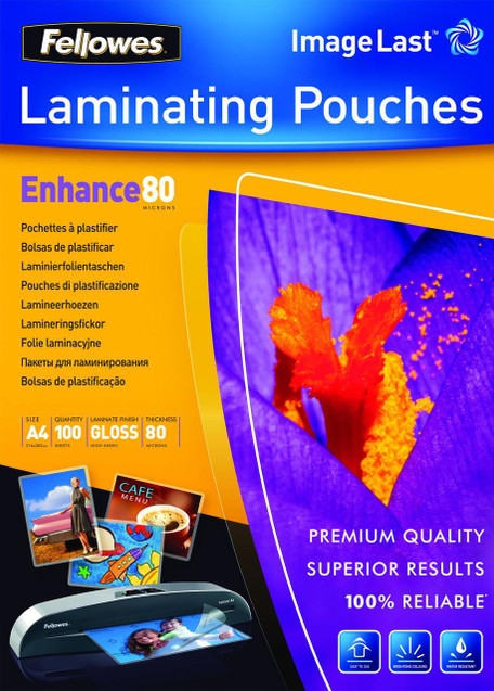 Fellowes Image Last Laminating Pouches, pack of 100, 80 Micron, A4 size, with laminated documents and a laminator machine on the packaging.