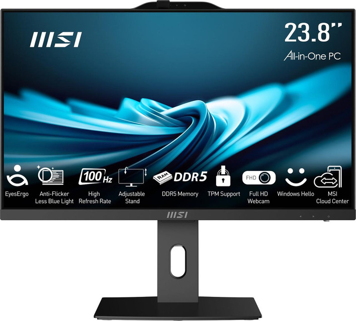 Various MSI PRO AP242P 14M All-in-One PC Barebone, front view of a 23.8 inch IPS UHD display with connectivity icons at the bottom, no RAM, storage, or OS included.