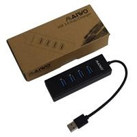 CW Office Maiwo KH304 4 Port USB 3.0 Hub & Charger, black USB hub with four blue USB 3.0 ports, attached cable, and product box