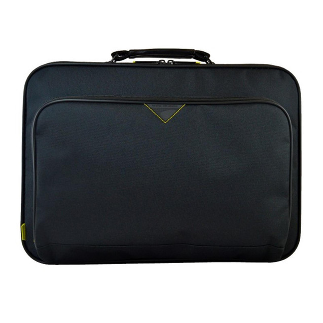 CW Office techair ATCN20BRv5 Classic Essential 14–15.6-inch Briefcase, black laptop briefcase with a top carry handle, front zippered pocket, and subtle lime-green accents, shown against a white background.