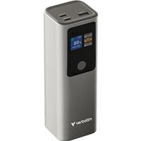 CW Office Verbatim Charge 'n' Go Power Bank 27000mAh 187.5W Grey, silver-gray portable power bank with a digital display and multiple charging ports on top