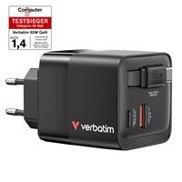 CW Office Verbatim GaN Wall Charger 65W 2 Port with Retractable Cable, compact black USB wall charger with two ports, retractable cable, and European plug displayed on a white background