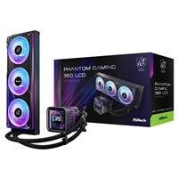 CW Office ASRock Phantom Gaming 360 LCD AIO Liquid CPU Cooler, black 360 mm radiator with three RGB fans, LCD pump block, and retail packaging displayed together