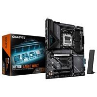 CW Office Gigabyte X870E EAGLE WIFI7 AMD AM5 Socket Motherboard, black motherboard displayed beside its retail box and Wi-Fi antenna.